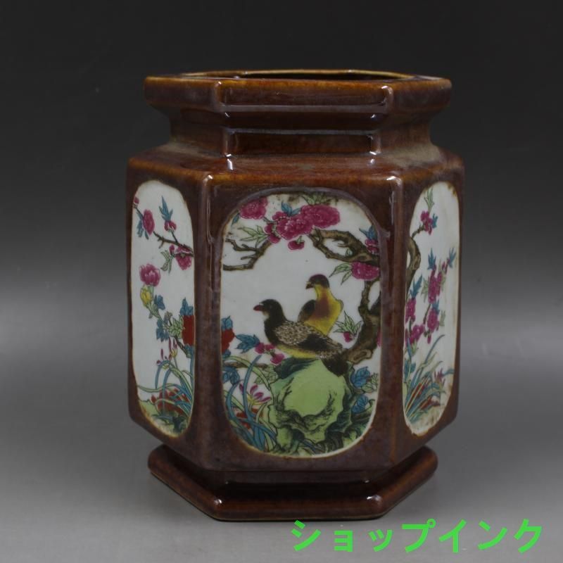 大清乾隆粉彩花鳥六方筆筒  景徳鎮 陶瓷器 書道具 文房具 工芸品 美術品 置物 大清乾隆粉彩花鳥六方筆筒 景徳鎮 陶瓷器 書道具 文房具 工芸品