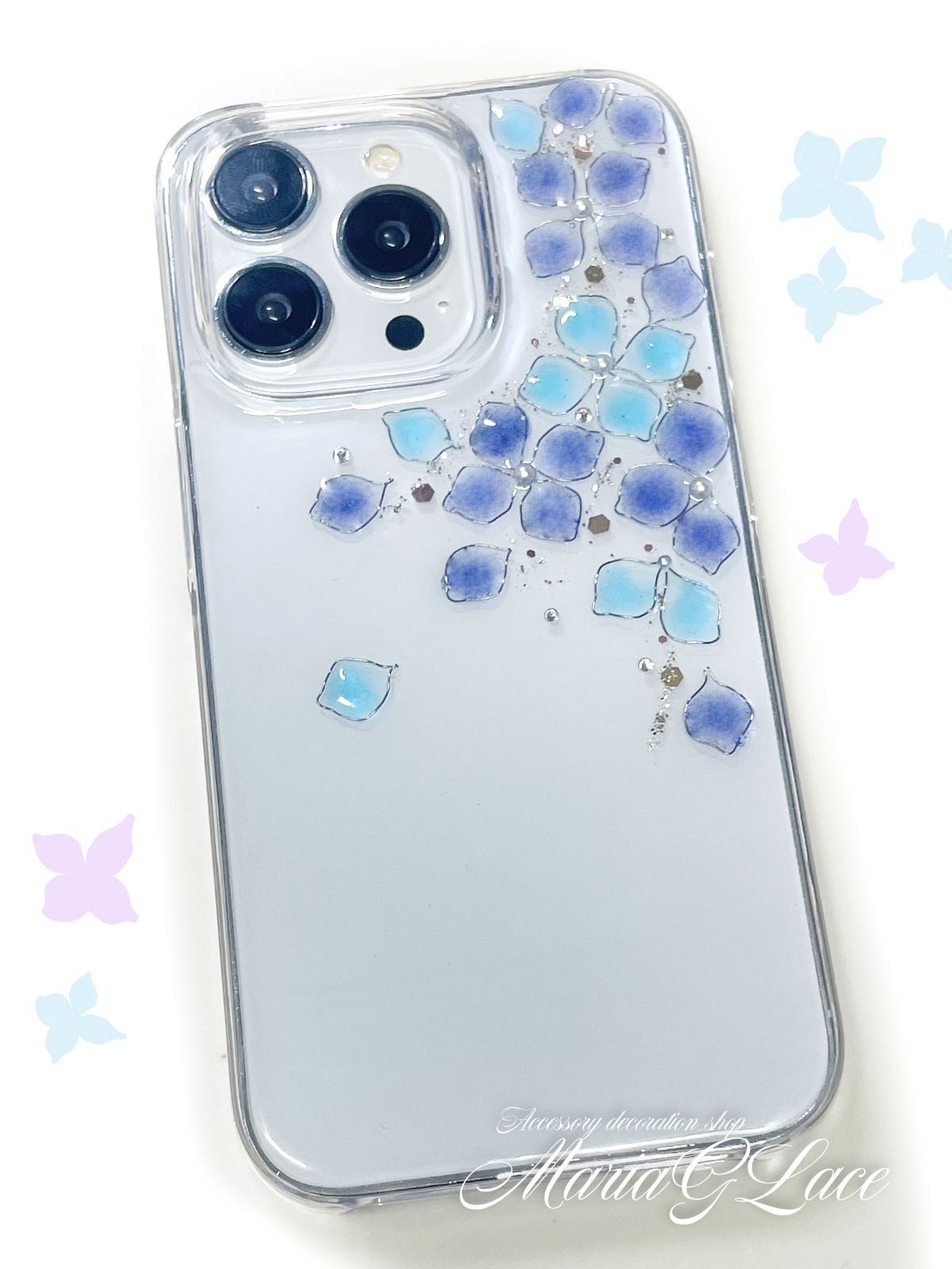 【mariaglace】紫陽花 レジン フラワー デコ スマホケース 全機種対応 クリアケース 透明ケース 耐衝撃 シンプル 軽量 薄手 AQUOS Wish SHG06 Wish2 Zero6 SHG04