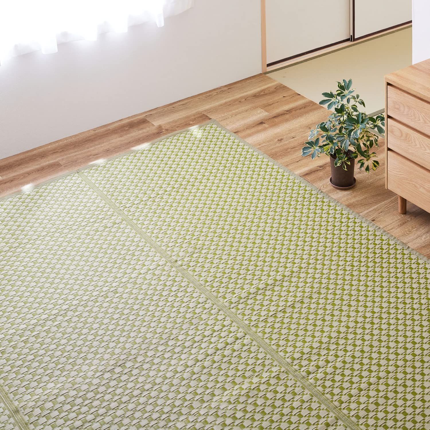 グリーン_2畳_江戸間 萩原 洗える い草風カーペット グリーン 江戸間2畳 約174X174cm ルイス ラグ 花ござ 和モダン ペット 保護