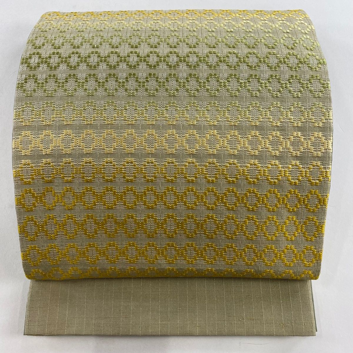 袋名古屋帯 美品 逸品 縞 幾何学模様 花織 抹茶色 正絹 中古 A14
