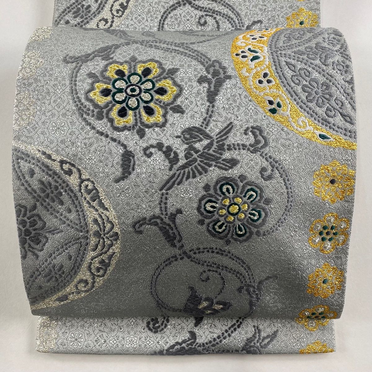袋帯 美品 名品 鳥 花唐草 箔 灰色 六通 正絹 【中古】(袋帯 美品 袋帯 美品 名品 鳥 花唐草 箔 灰色 六通 正絹 【中古】(袋帯 美品