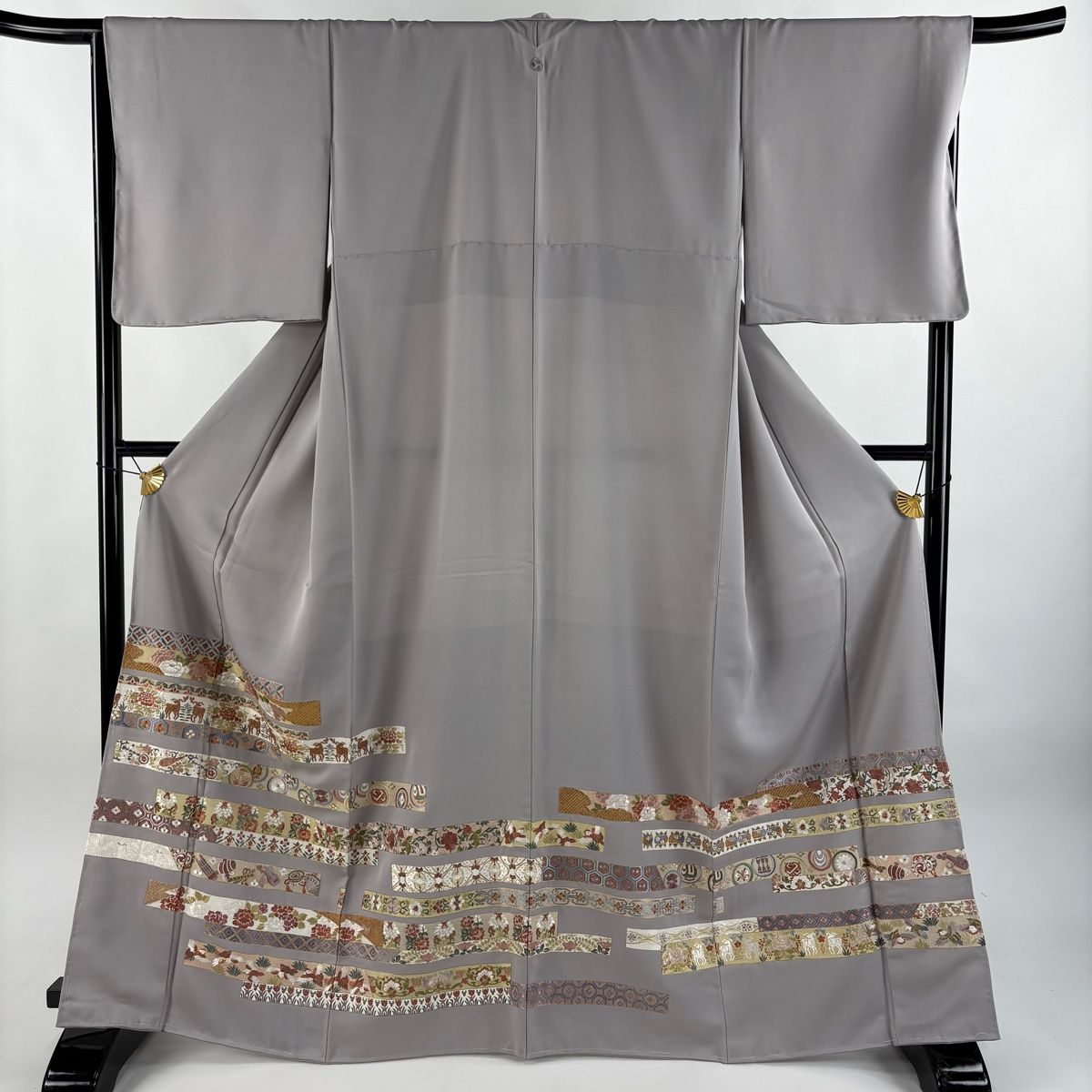 色留袖 身丈166cm 裄丈67cm M 袷 和楽器 花鳥 金銀糸 刺繍 灰紫 正絹 秀品 一つ紋