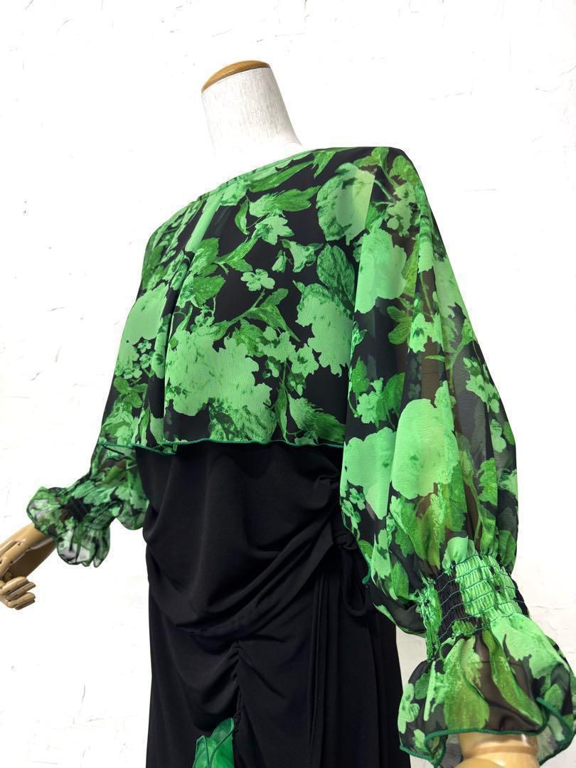 【華やぎ】新品　グリーン花柄パフスリーブセットアップ黒　ｄ026 華やぎ】新品 グリーン花柄パフスリーブセットアップ黒 d026