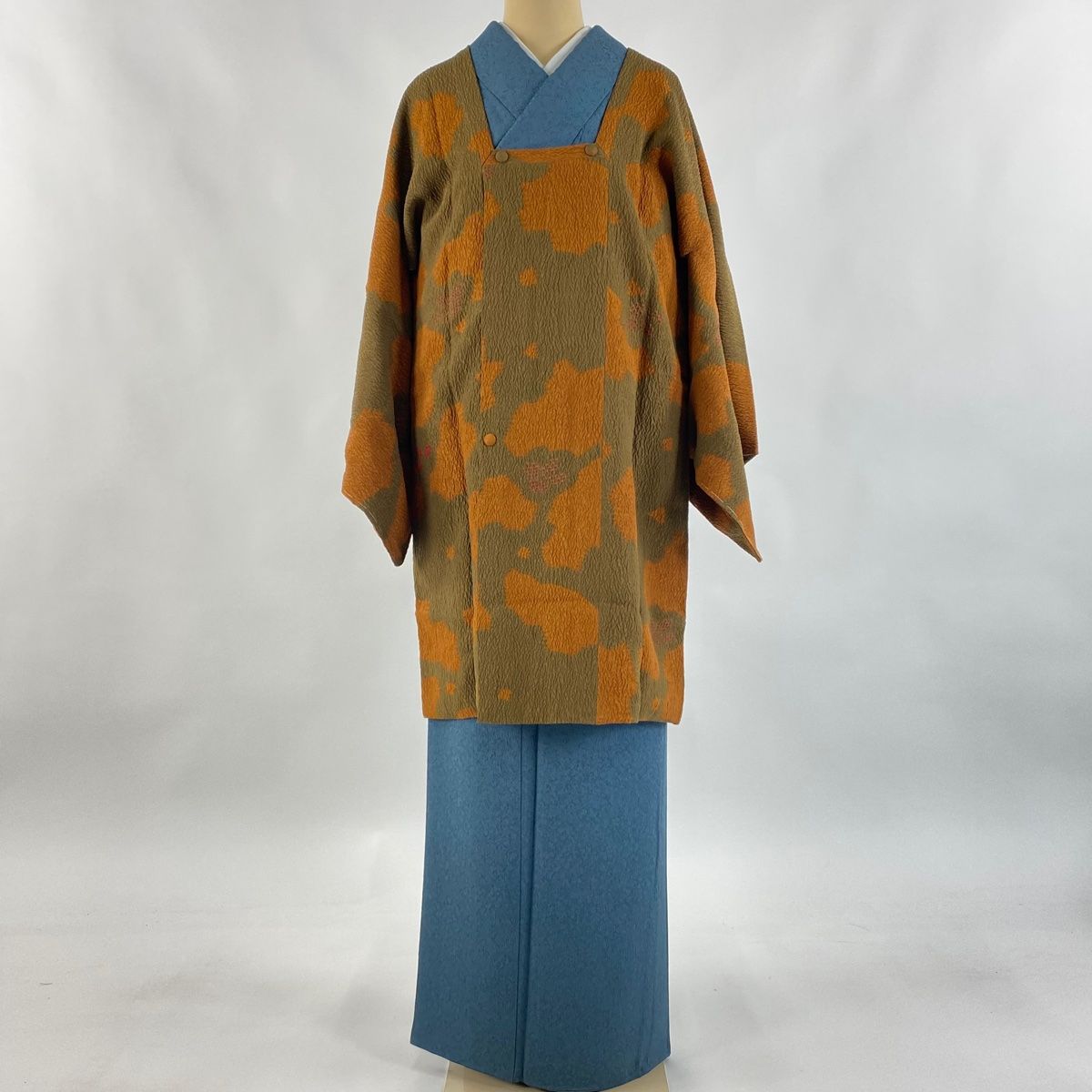 道行 身丈93.5cm 裄丈67cm M 和装コート 角衿 幾何学 花 灰緑 正絹 秀品