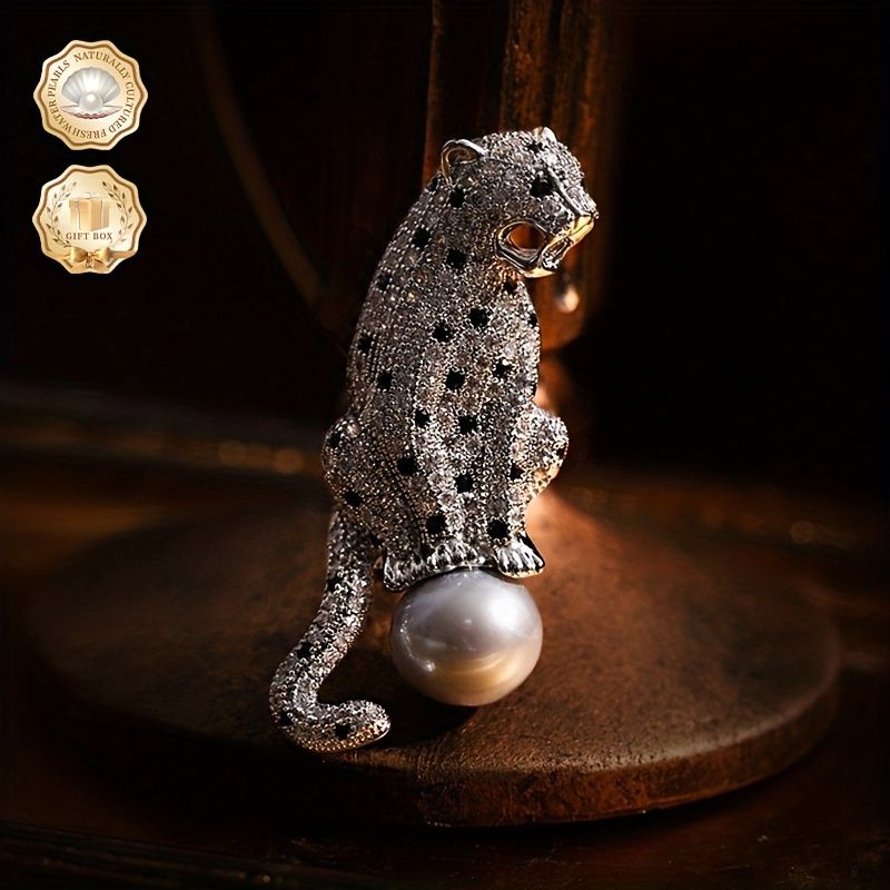 輝くジルコニア＆淡水パール付きエレガントなレオパードブローチ - 彼女へのシックなギフト、クラシックデザイン、オールシーズン着用、ギフトボックス付き