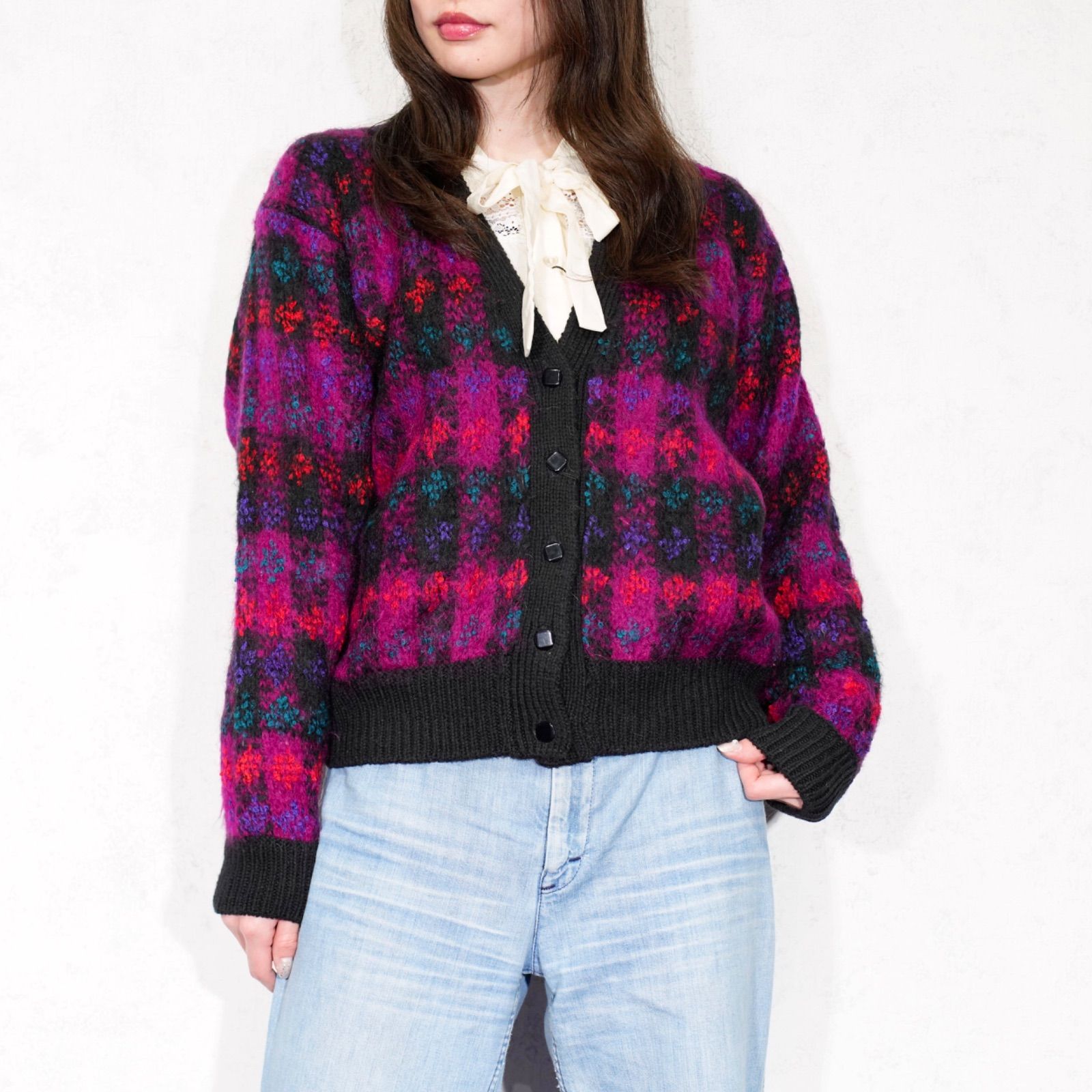 EU VINTAGE LE MODA TWEED LIKE HAND LOOMED MOHAIR KNIT CARDIGAN 