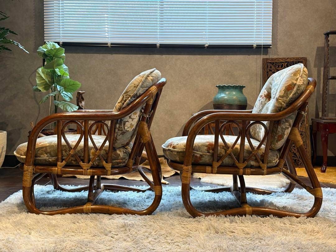 台湾製 ラタン ヴィンテージ 籐 アームチェア 肘付き椅子 2脚セット SZ