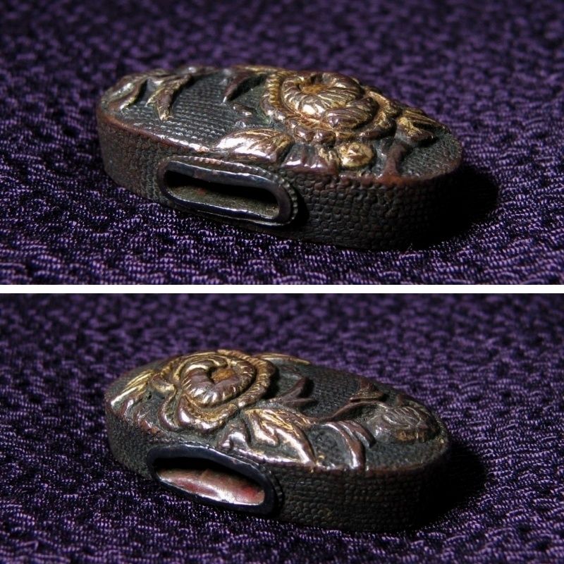 時代武具 縁頭 赤銅魚々子地 唐獅子牡丹文 金色絵 桐 江戸時代 24h063 WWW_IBETON_RU