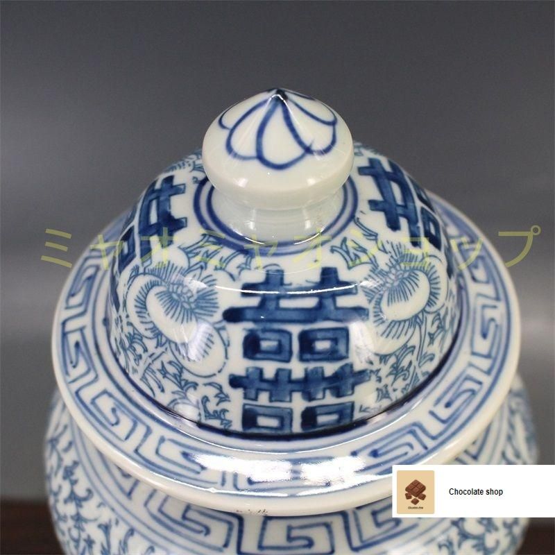 清青花双喜纏枝紋将軍蓋缶 景徳鎮 陶磁器 装飾品 現代工芸品 美術品 置物 清青花双喜纏枝紋将軍蓋缶 景徳鎮 陶磁器 装飾品 現代工芸品