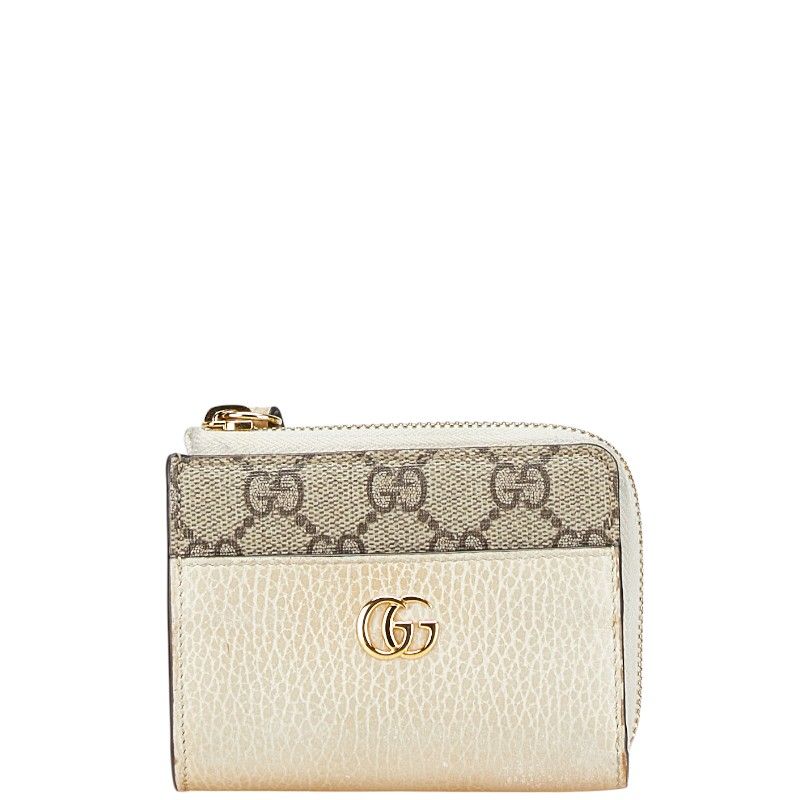 グッチ GGスプリーム GGマーモント L字ファスナー 二つ折り財布 658609 ベージュ ホワイト PVC レザー レディース GUCCI【1-0201404】