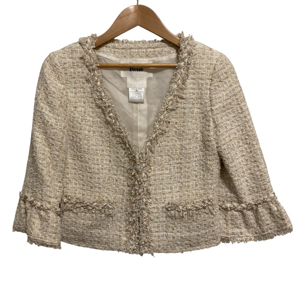 美品 Rene ルネ パール装飾 ノーカラー クロップド ツイードジャケット