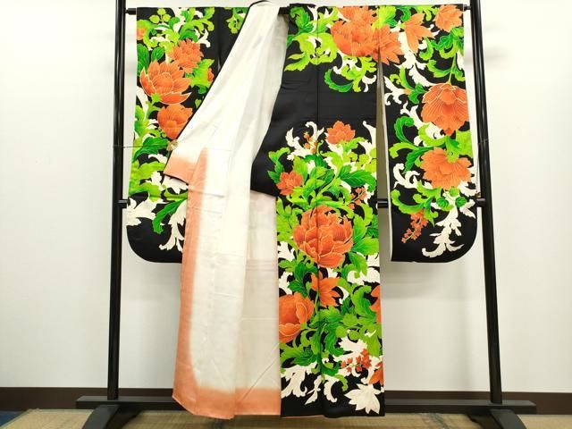 平和屋着物○豪華振袖 松に草花 暈し染め 黒地 正絹 逸品 AAAZ3088np