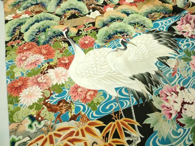 平和屋本店□極上 アンティーク 大正ロマン 振袖 飛鶴吉祥花文 黒地