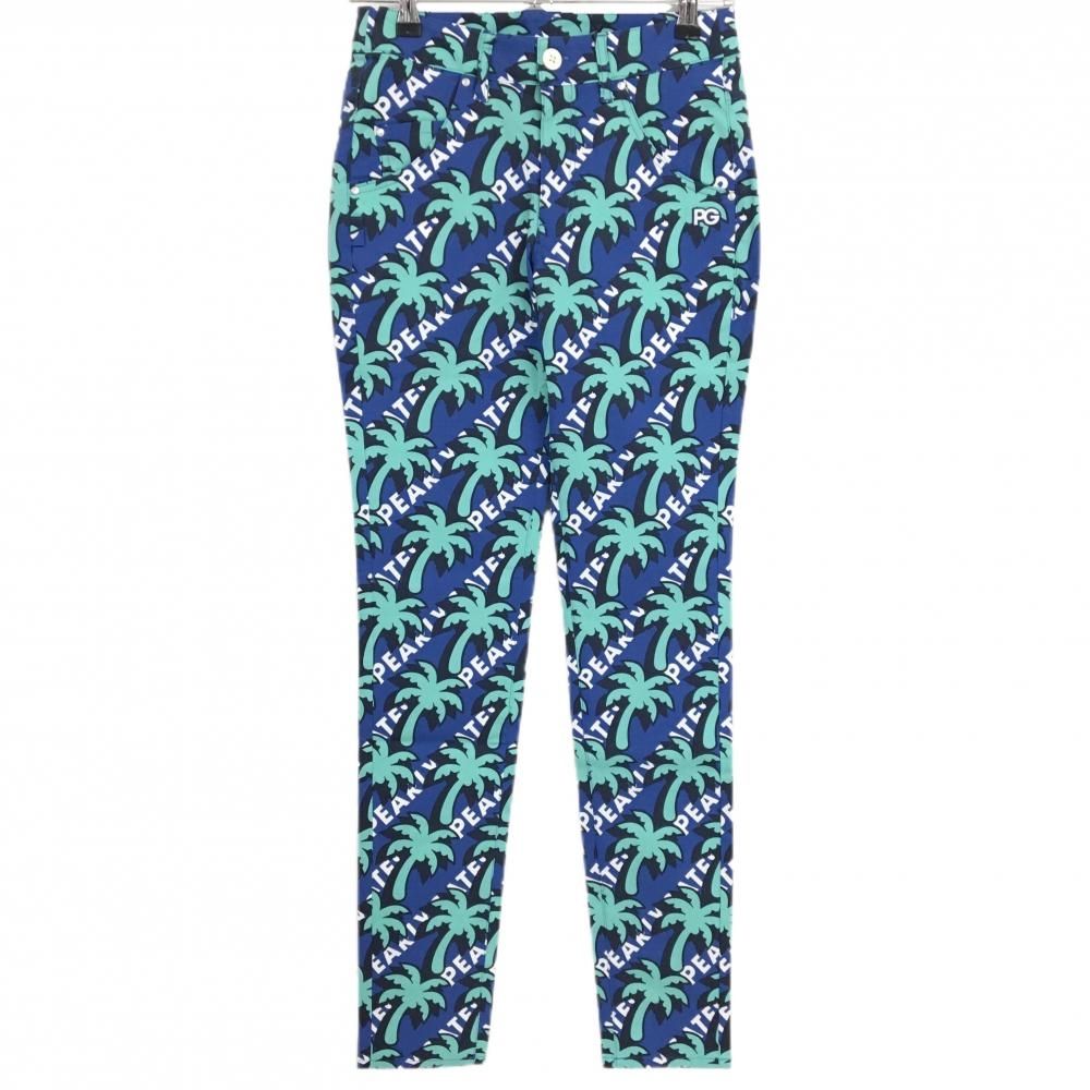 【新品】パーリーゲイツ パンツ ネイビー×エメラルドグリーン ヤシの木柄 ロゴ刺しゅう レディース 0(S) ゴルフウェア PEARLY GATES