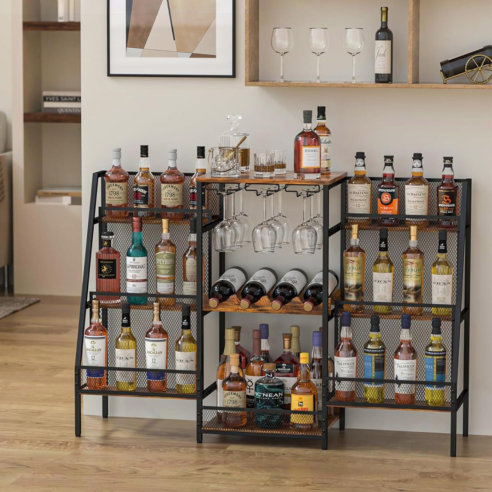 xixi-home ワインバーキャビネット 木製 酒棚 ディスプレイ ワインラック ワインホルダー お酒収納ラック 収納 ウイスキー ガラスホルダー付き フェンス付き おしゃれ 大容量 ウイスキー棚 ラック 棚 テーブル 収納ラック