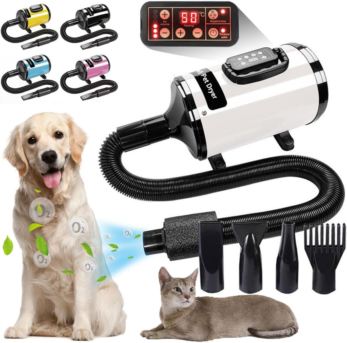 ペットドライヤー 2800W 3.2HP 犬用ドライヤー LCDコントロール画面付き 6段階風速 猫 犬 ドライヤー 120m|s 大風量 猫 犬用乾燥機 無段階風速制御 30-70℃温度可調整 犬ドライヤー 4種ノズル付き 日本語説明書 犬|猫兼用 - 白