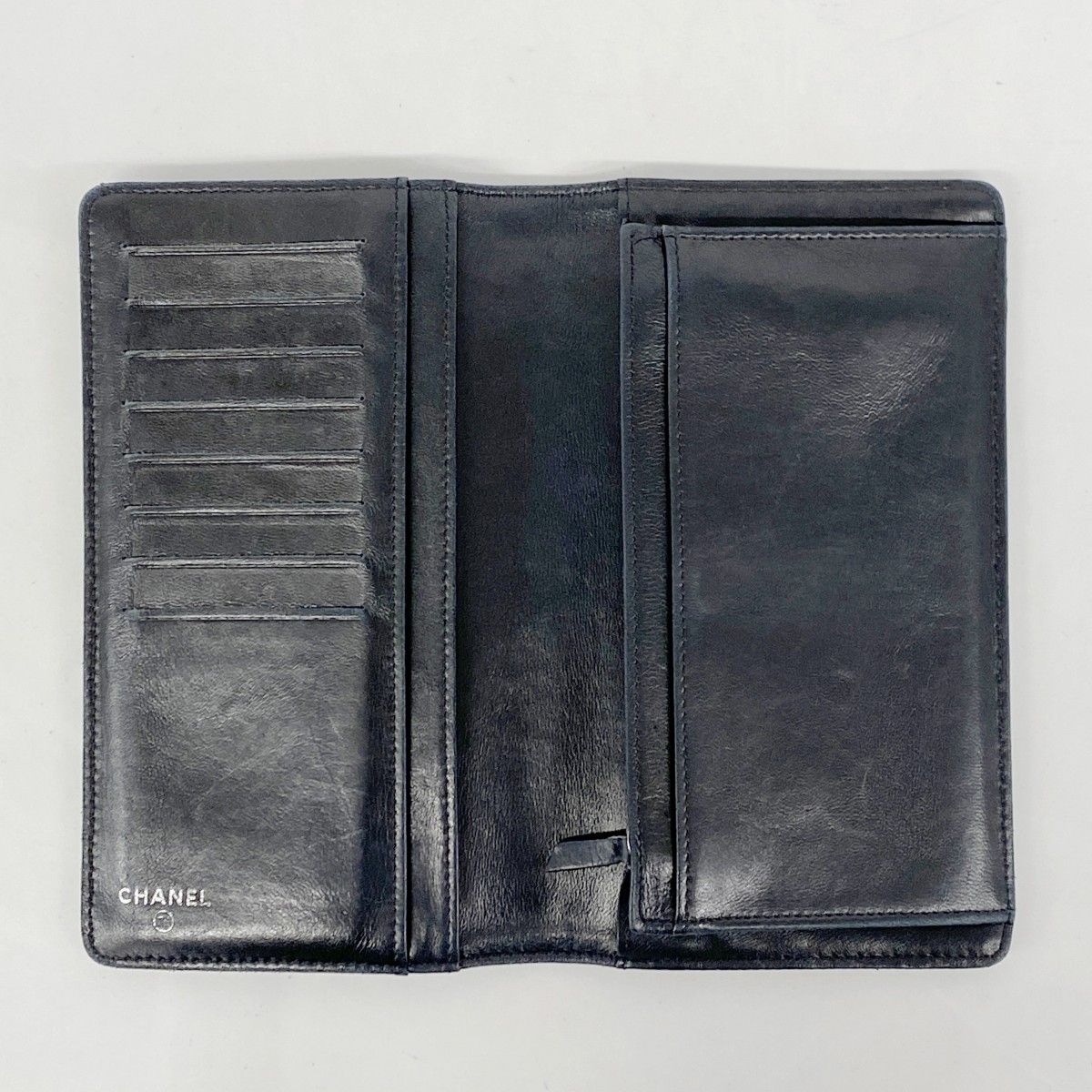 5hb1115-h】シャネル 長財布 カメリア ラムスキン ブラック シルバー  