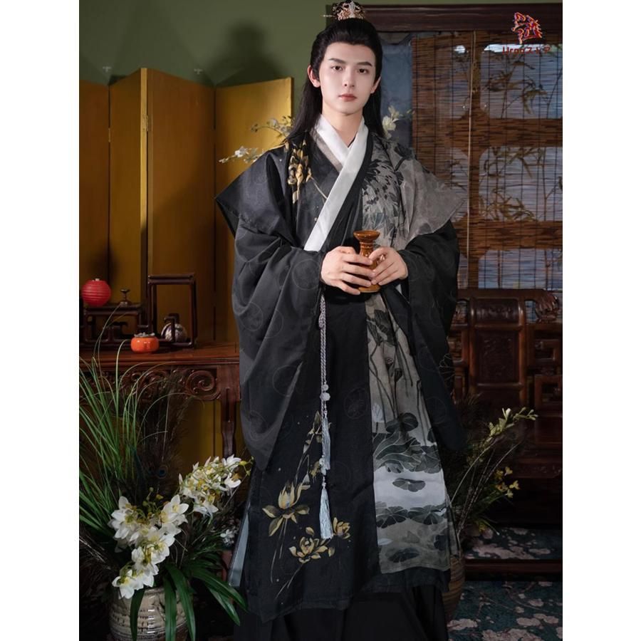 ♥ 中華コスプレ衣装 大人 男女兼用 明朝 漢服 チャイナ服 振り袖 ロング丈 二重 交差襟 ブラウス 腰紐 山水 水墨 金色の蓮 ハス 道士 僧侶 ロ CS00913BJ