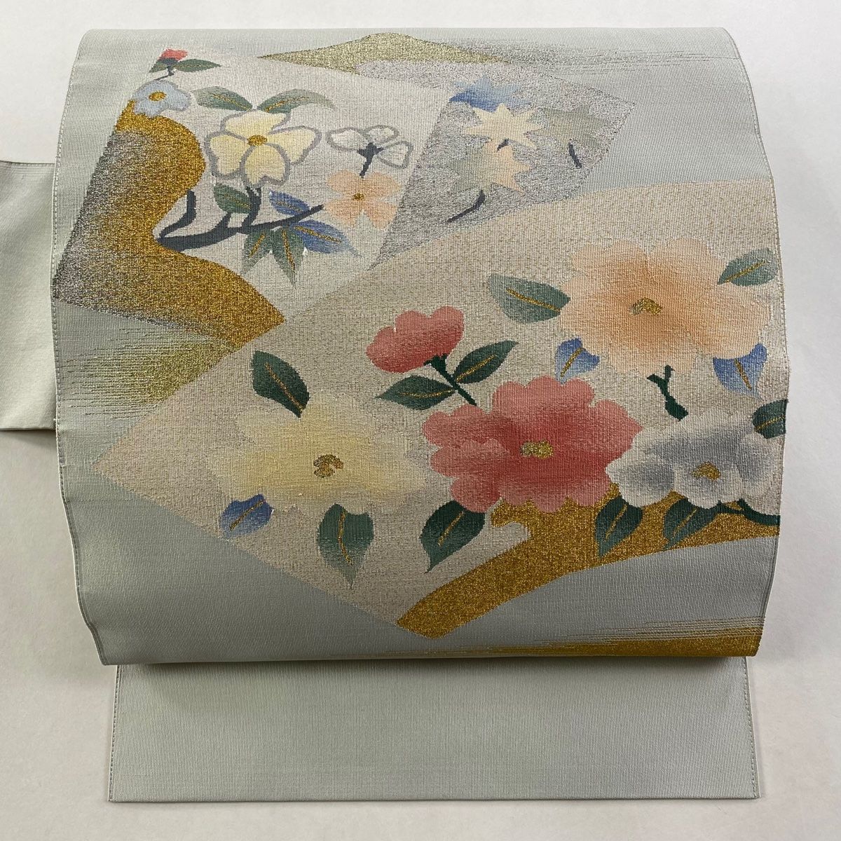 名古屋帯 秀品 扇面 草花 金銀糸 灰色 正絹