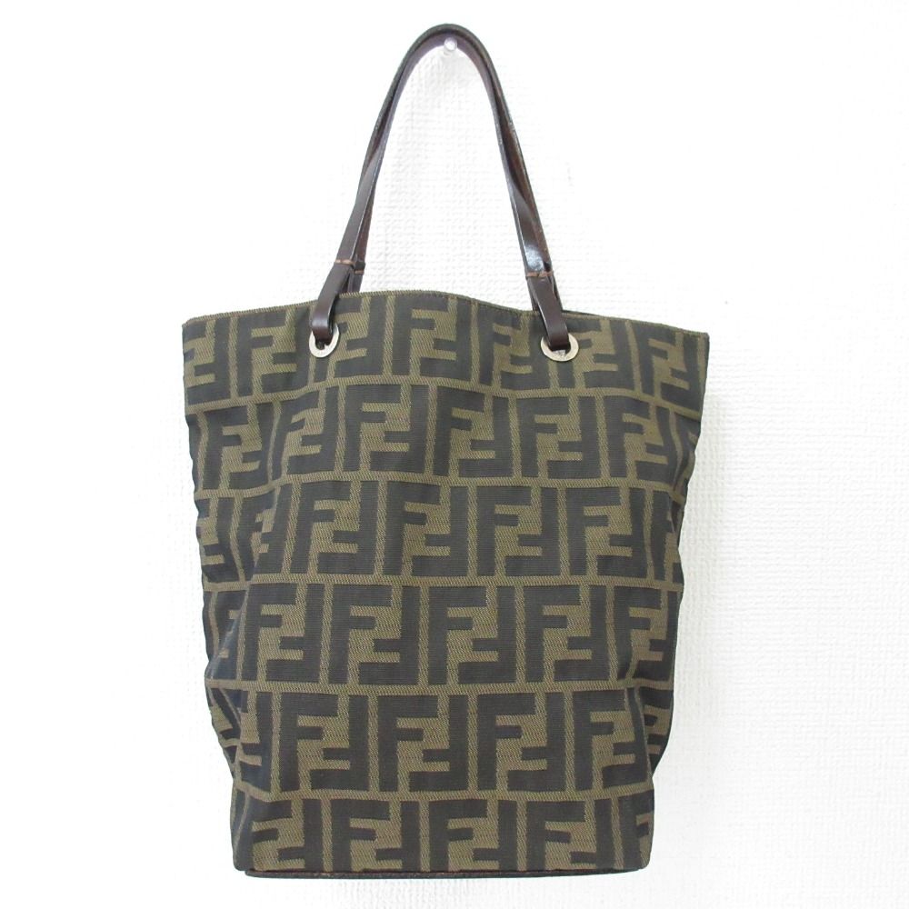 良品 FENDI フェンディ ズッカ柄 キャンバス レザーハンドル トートバッグ 26598 カーキ レディース 古着  USED