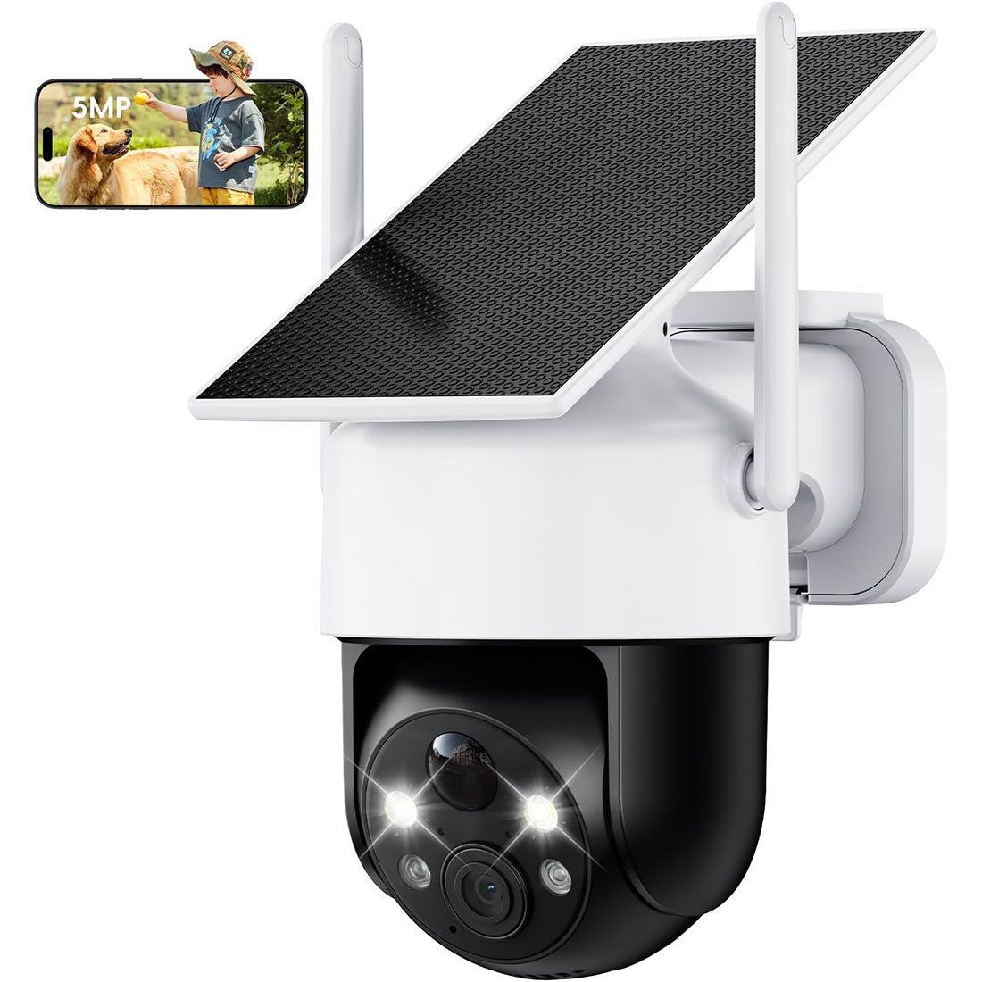 屋外防犯カメラ ソーラー充電 360° 撮影可能 パンチルト 500万超高画素 400万画素 ワイヤレスソーラー防犯カメラ 屋外用 360°広角、IP66