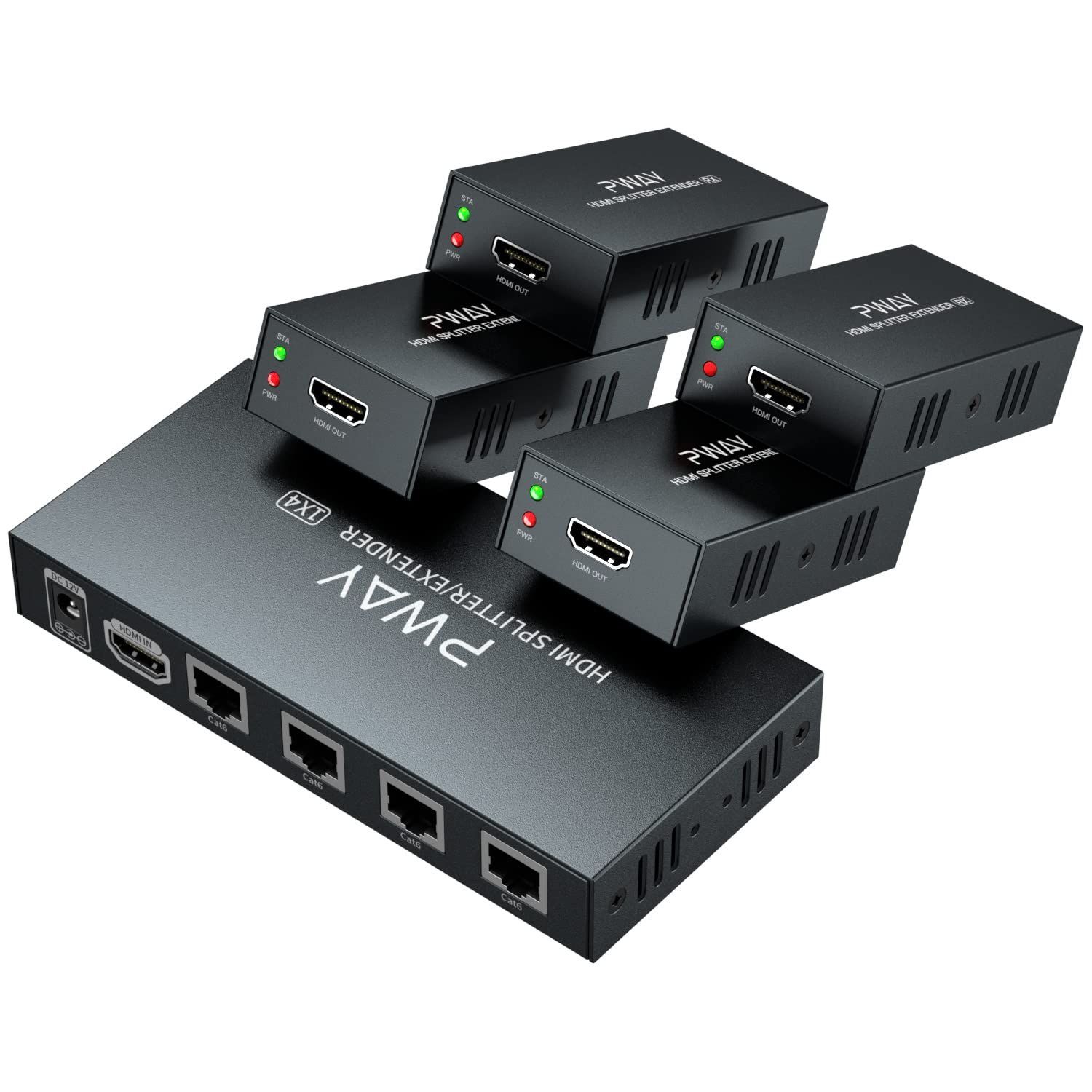1X4 1080P HDMIエクステンダースプリッター伝送165フィート 50m By Cat5e PW-HT226P4 | Cat6 | Cat7 3D EDID 1電源サポート 1 IN 4 OUT