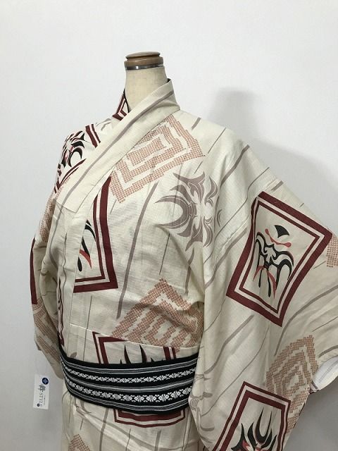Mサイズ 男物 綿 浴衣 クリーム地に隈取模様