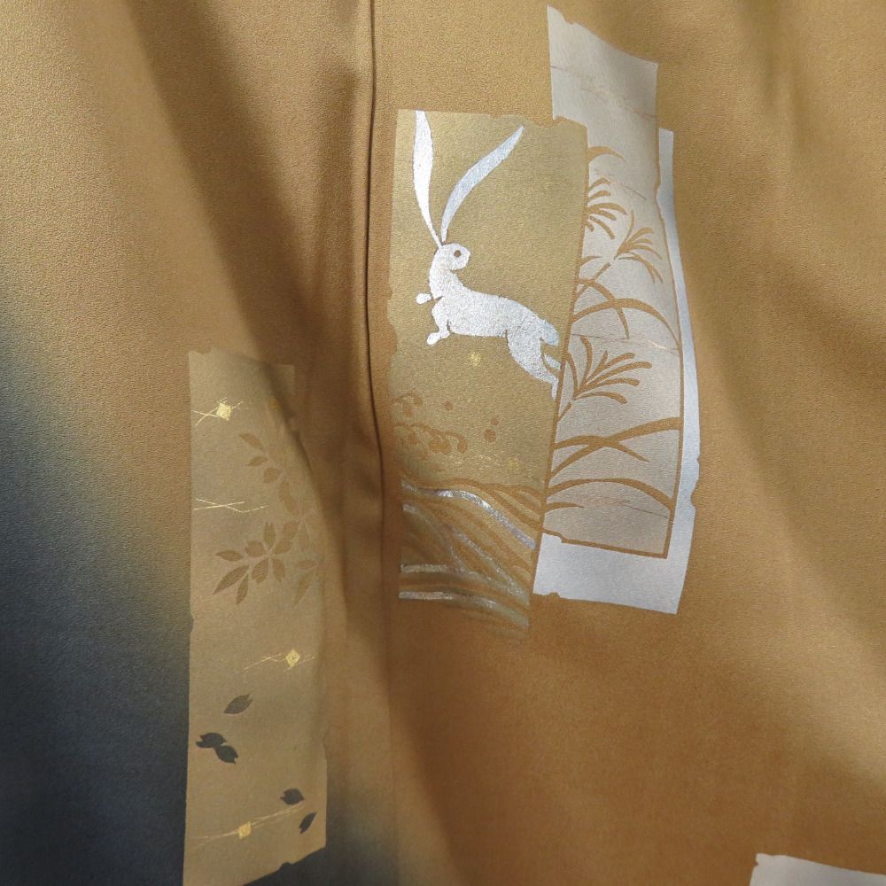 付下げ 京友禅 堀省平 落款入り 金彩加工 紋無し 辛子色x紺色 ぼかし