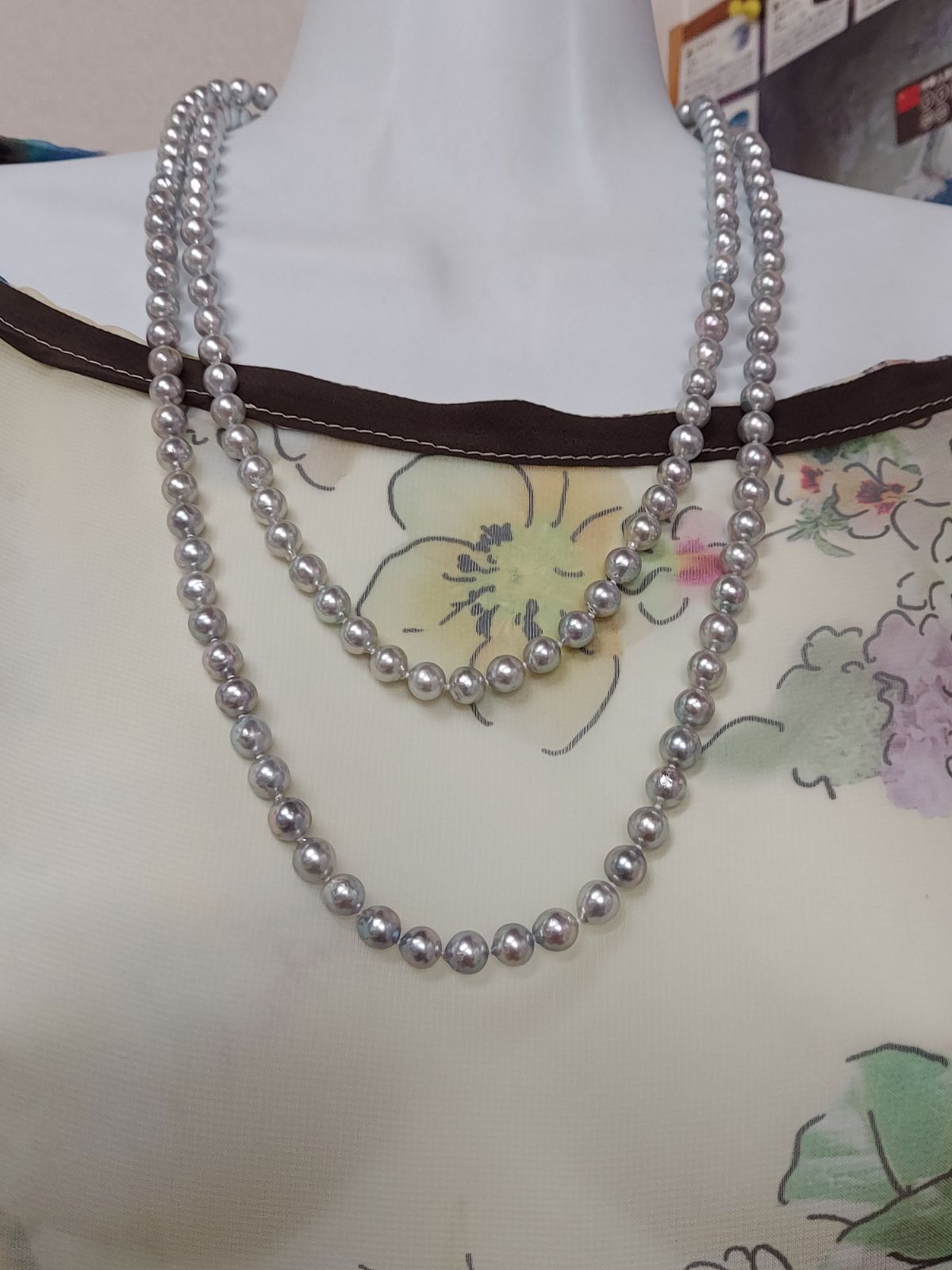 SV コバルトグレー アコヤパールロングネックレス 7～7.5ミリ 120cm 