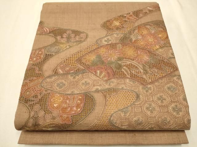 平和屋着物●中国三大刺繍 スワトウ相良刺繍 総刺繍 太鼓柄袋帯 紬地 地紙草花文 正絹 CAAR7960hy