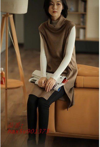 上質素材大人かっこいいイレギュラージャンバースカート ニット トップス スリット ブラウン オフタートル 20代30代40代50代60代 hax5v901373