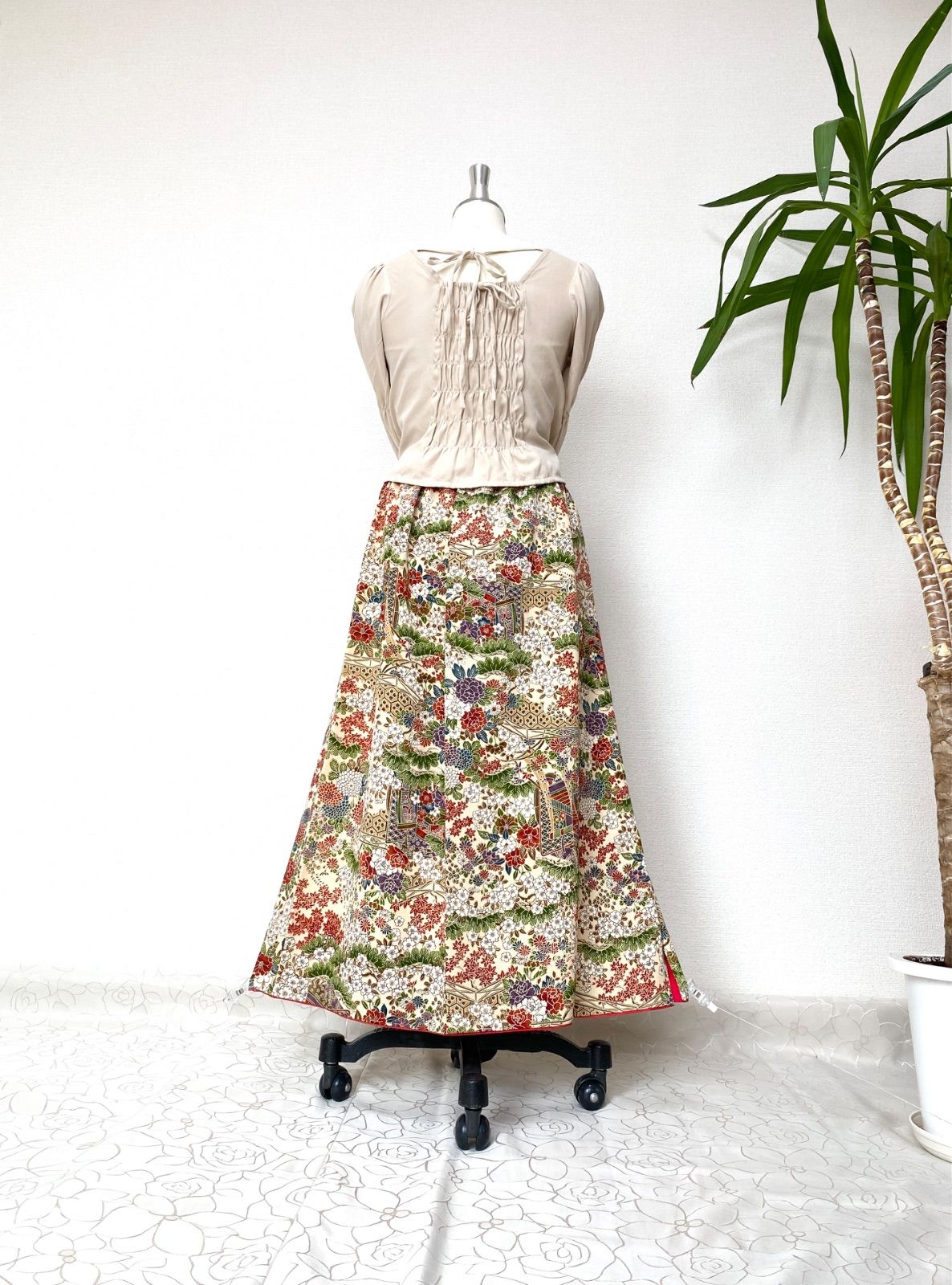 大人 着物スカートフリーサイズ着物リメイクウエストゴムロングスカートフリーサイズ