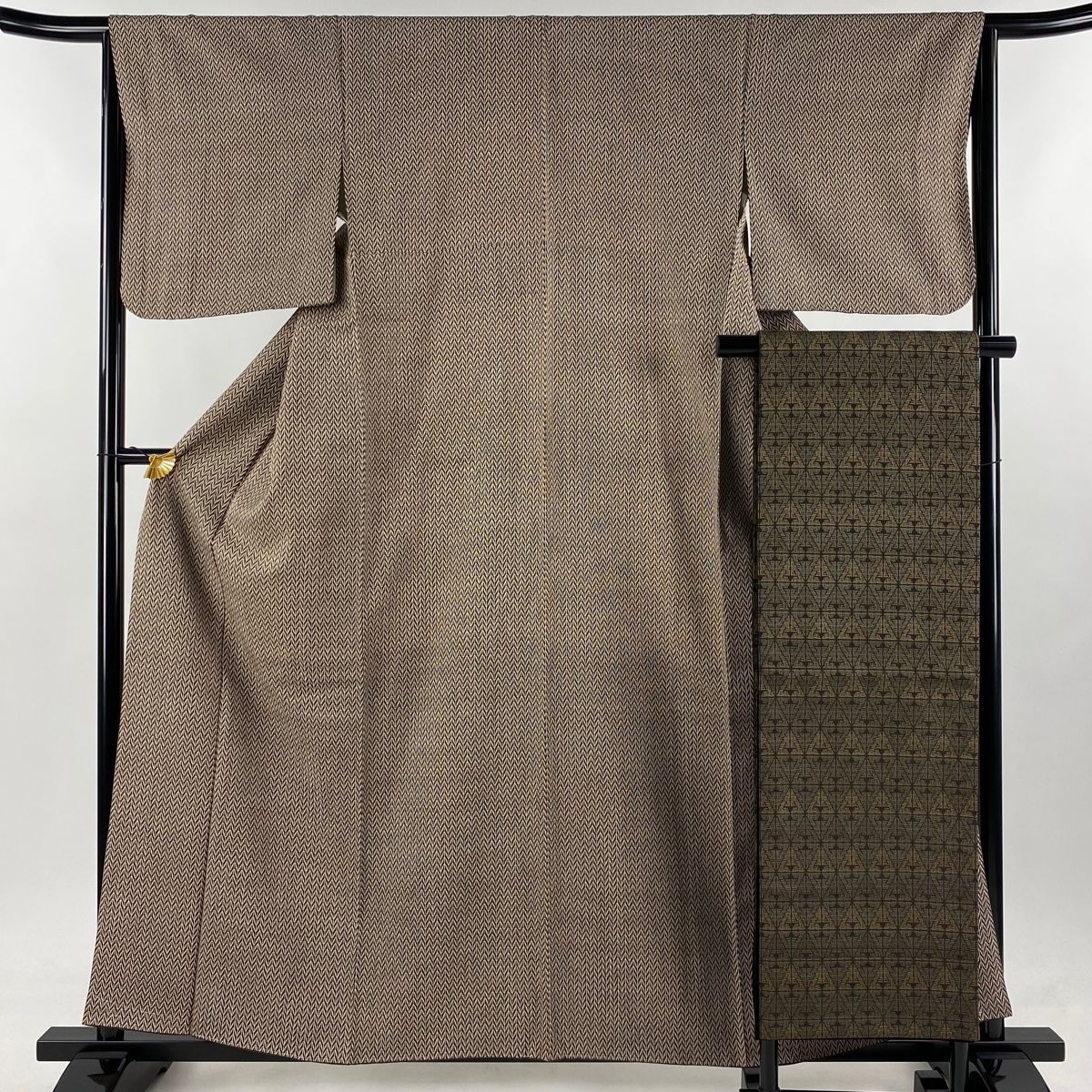 小紋 身丈160cm 裄丈65.5cm M 袷 袋名古屋帯セット 幾何学模様 茶色 正絹 秀品
