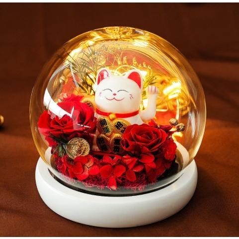 永生花 招き猫 母の日 ギフト プリザーブドフラワー 母の日 ガラス 枯れない花 永遠の花 ナイトライト ギフトボックス付き 結婚式 誕生日