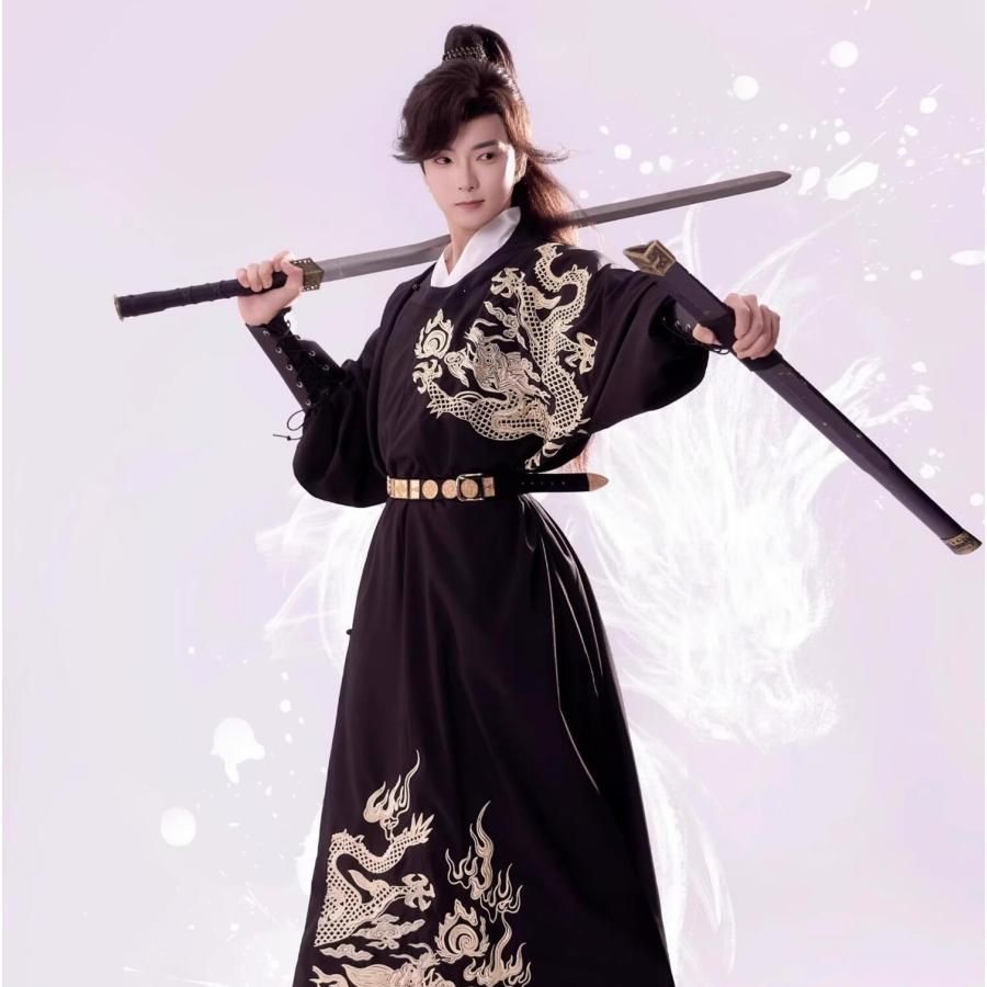 ♥ チャイナ服 中華コスプレ衣装 龍プリント おしゃれ 一式 中華コスチューム メンズ 漢服 中華服 ロング丈 ミモレ丈 中華ブラウス 黒 華 CS00913BJ