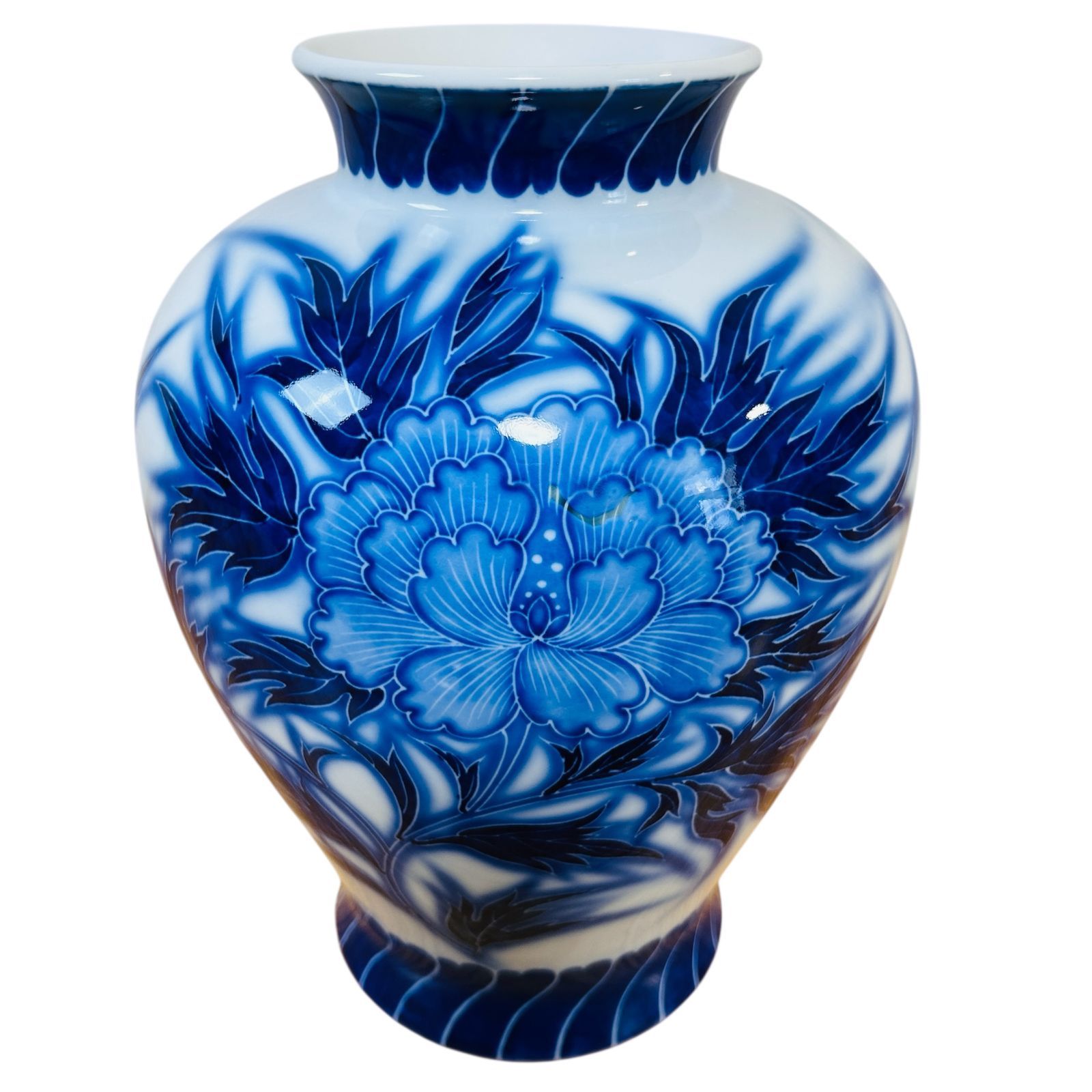 宮内庁御用達 深川製磁 有田焼 大型 花瓶 フラワーベース 絵付け 牡丹 白 青