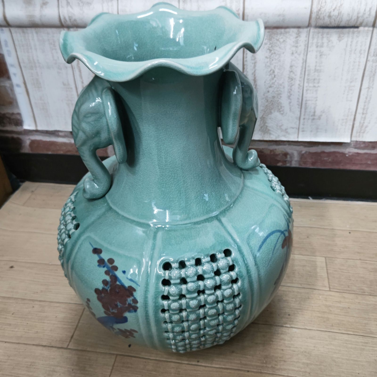 S92898 東天 壺 青磁 象 高麗 青磁壺 網目 透かし 伝統工芸 壺