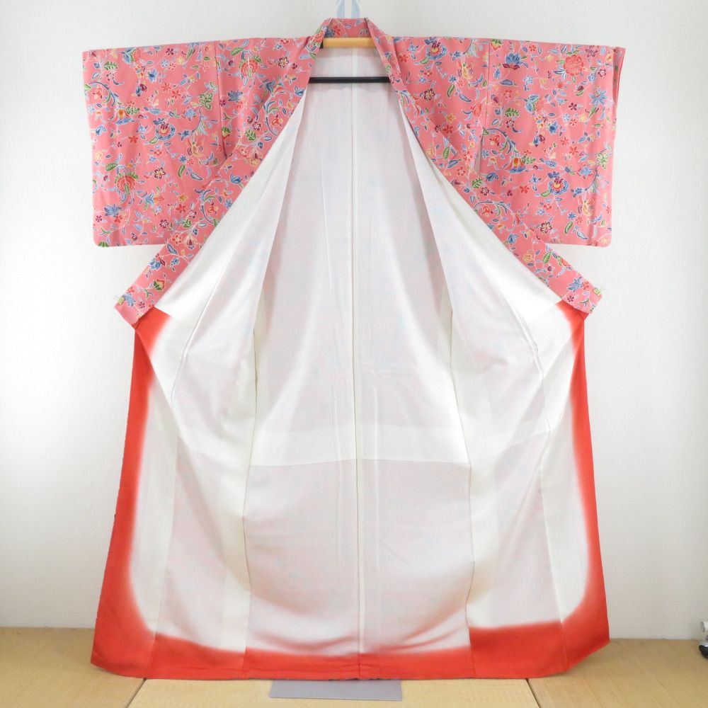 小紋 袷 草花模様 サーモンピンクx青色x多色 型染め 正絹 バチ衿