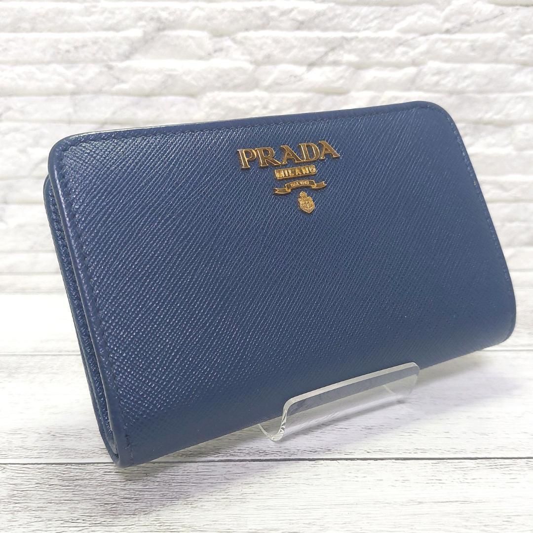 プラダ極美品 PRADA プラダ サフィアーノ 青 折り財布 ブルエッテ