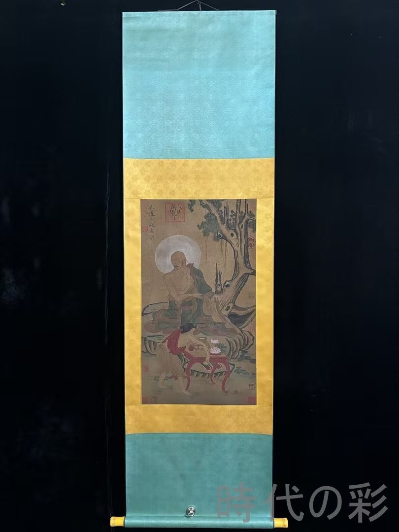 中国古美術 清代 絹本手描き 呉道子 羅漢図 三尺 牙軸 手絵羅漢画 肉筆 古玩 中国書画 古美味 掛け物 人物図 中堂画 装飾画 時代画家 R07100733