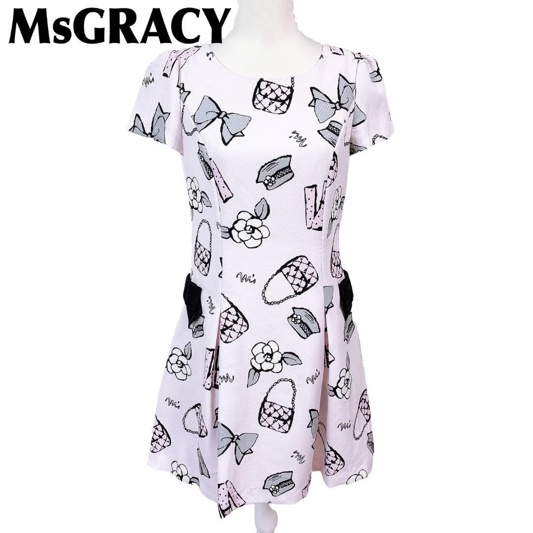 M sGRACY 半袖ワンピース 40 リボン 花柄 薄ピンク Aライン