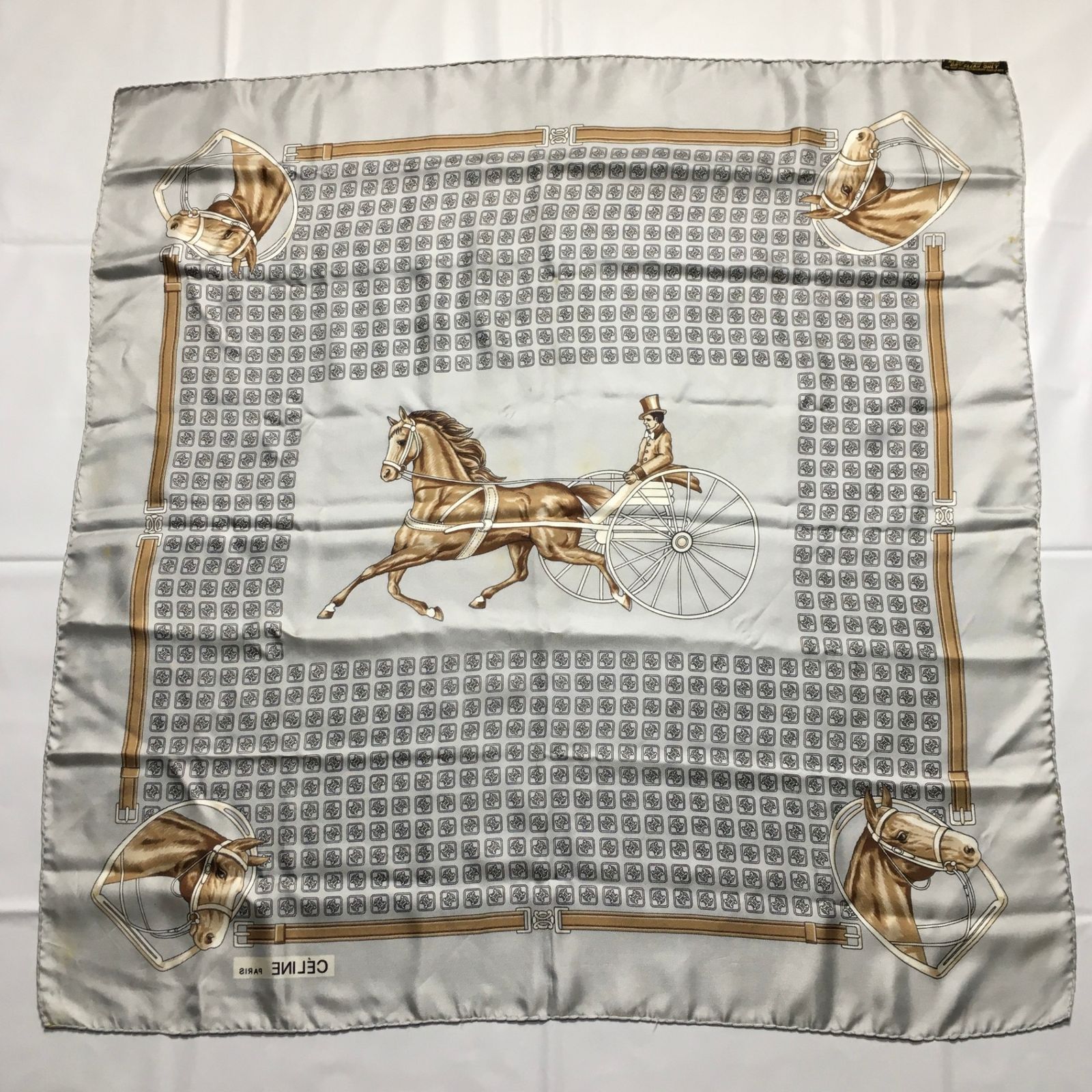 2508-54｜セリーヌ スカーフ シルク グレー トリオンフ タグあり