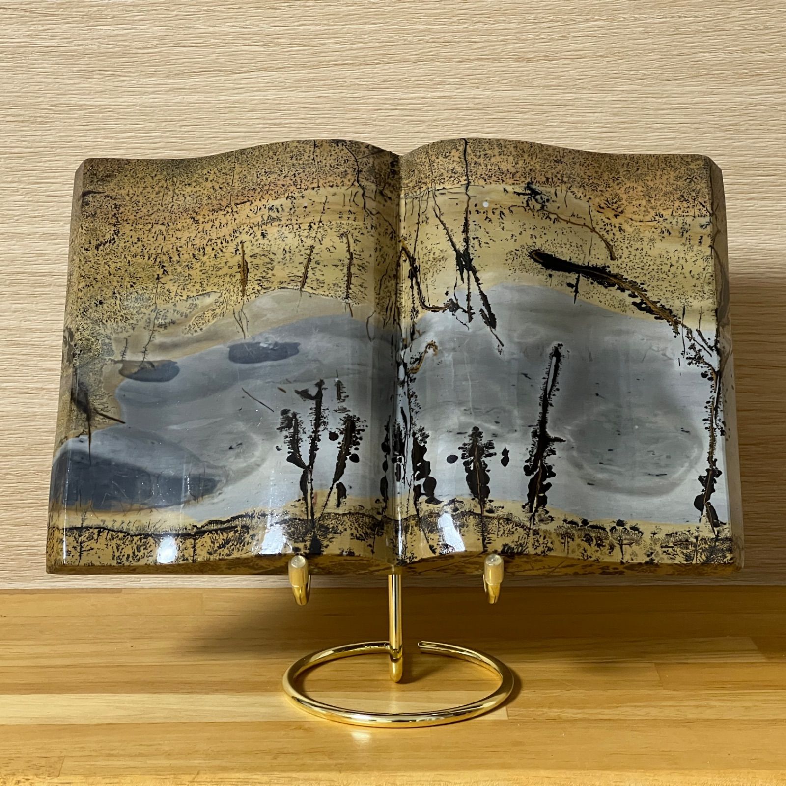 ⬛︎【１点物】ピクチャージャスパー 天然石 ブックスタイル 自然風景模様　台座付 1点もの】ピクチャージャスパー 天然石 ブックスタイル 自然風景模様