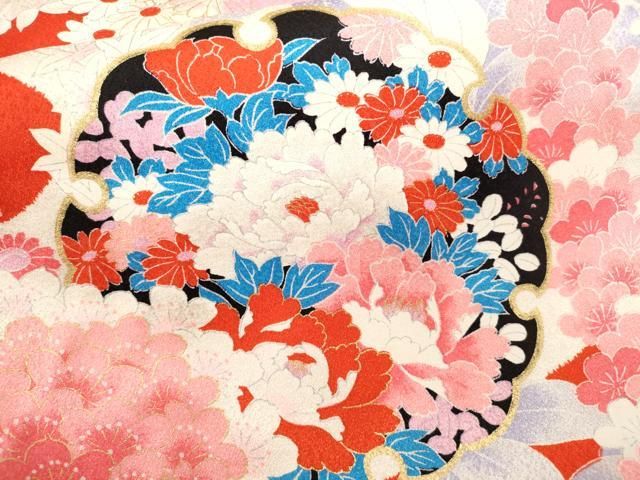 平和屋着物[]女の子 十三参り 子供 祝着 雪輪花丸文 金彩 洗える着物 