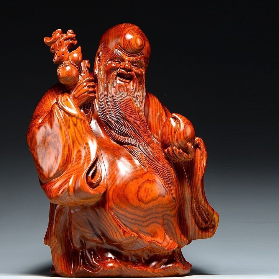 木彫仏像 七福神 置物 福禄寿 木像 木製フィギュア 黄花梨 花梨木 天然カリン材 神像 仏像 木彫り置物 高さ 15cm