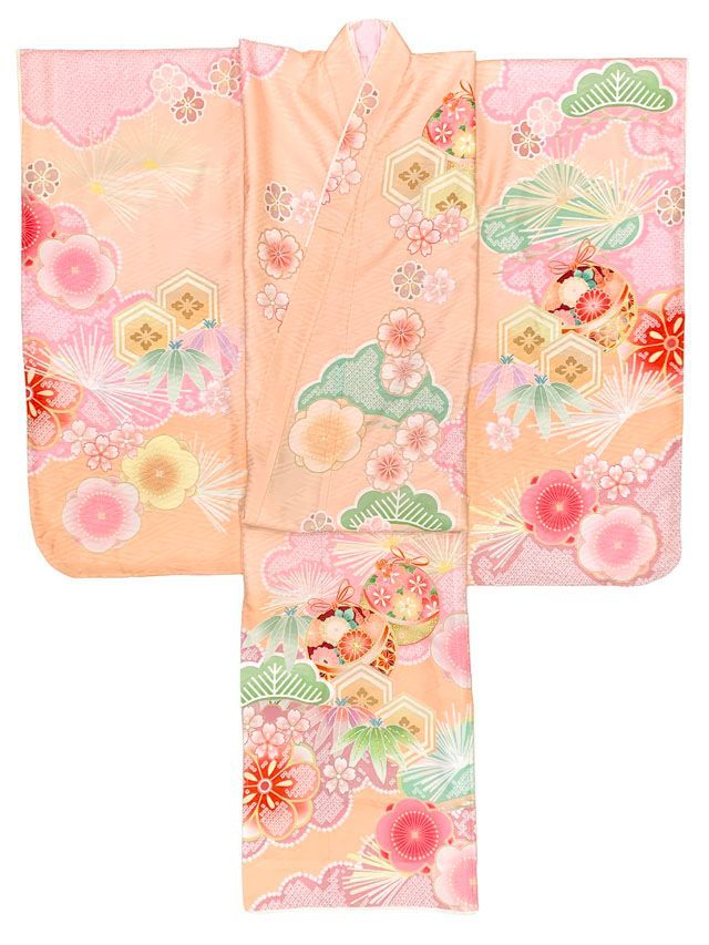 七五三 着物 7歳 女の子 式部浪漫ブランド 絵羽柄の着物 四つ身 子供振袖 単品 合繊 ピーチフィズ 鞠梅 SR7pea-2503tan