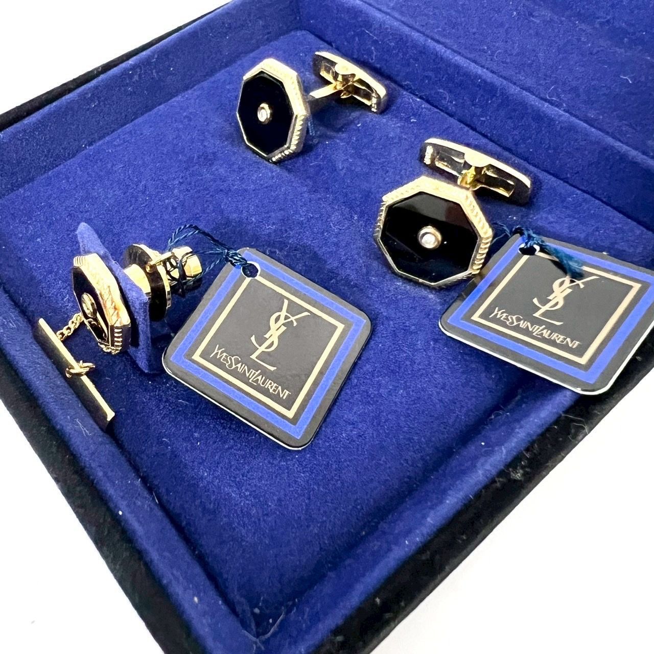 SD2519 YVES SAINT LAURENT イヴサンローラン 1Pダイヤ カフス カフリンクス カフスボタン タイピン タイタック ラペルピンSV925 ゴールド×ブラック