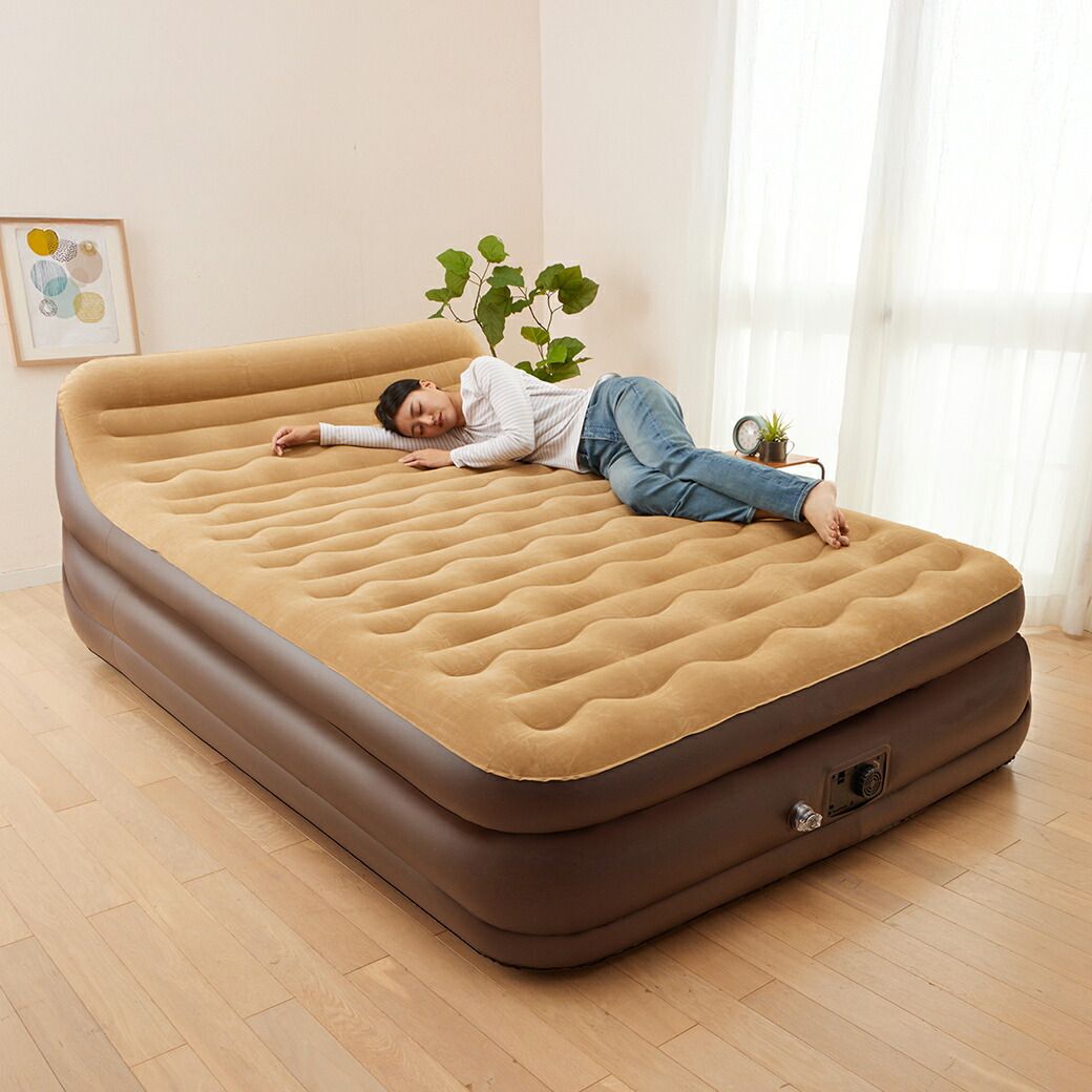 エアーベッド ワイドサイズ 電動 ハイタイプ 背もたれ付き エアベッド 簡易ベッド 来客用 2人用 ソファ代わり マット厚43cm コンパクト 収納