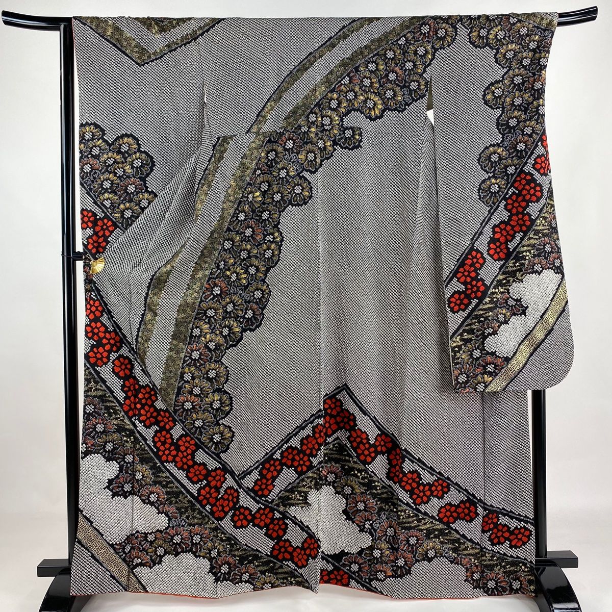 振袖 身丈163.5cm 裄丈68cm L 袷 花 鳥 金彩 絞り 黒 正絹 名品