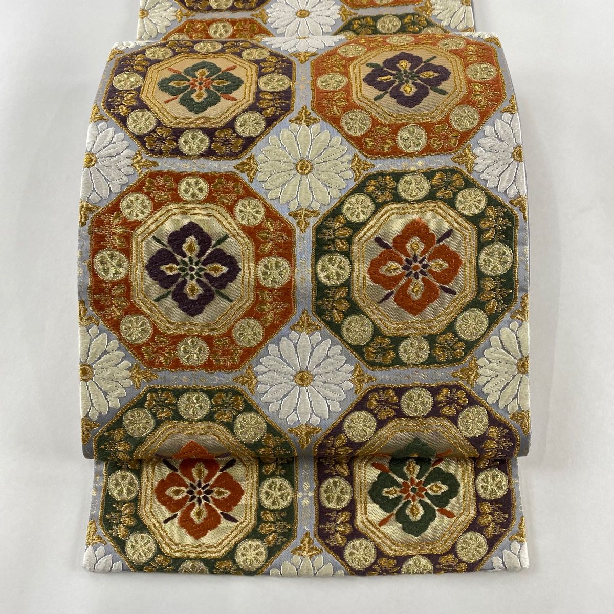 袋帯 美品 逸品 落款 河合康幸 華文 花 金糸 唐織 青灰色 六通 正絹